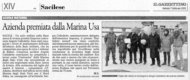 Dal Gazzettino azienda premiata dalla Marina USA - Collodetto Angelo Costruzioni